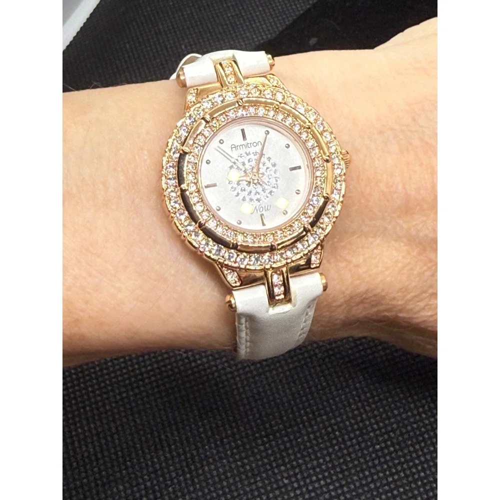Armitron Now Womens Watch Rose Gold Tone Crystal Bezel Leather Needs Battery
